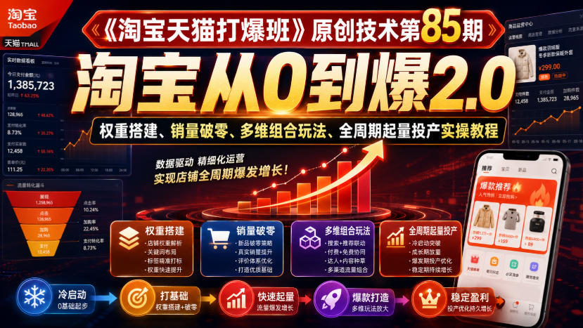 《淘宝天猫打爆班》原创技术第85期,淘宝从0到爆2.0,权重搭建、销量破零、多维组合玩法、全周期起量投产实操教程|无忧资源社
