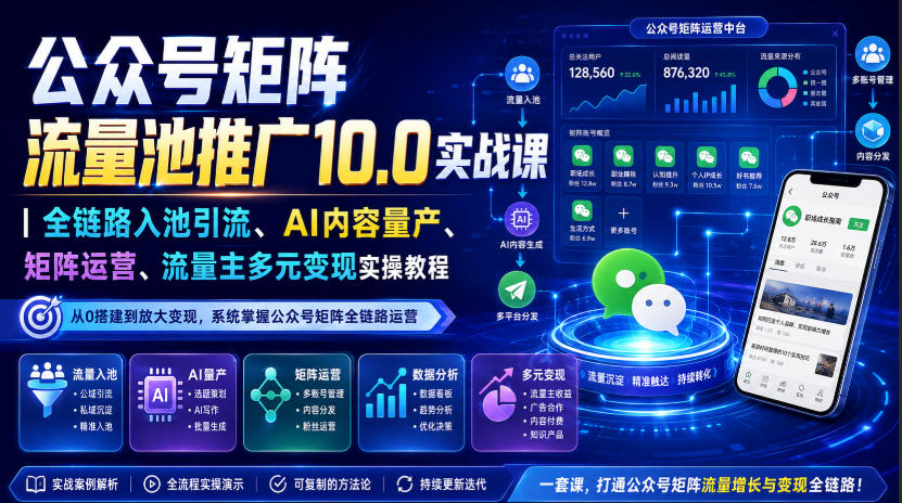 公众号矩阵流量池推广10.0实战课｜全链路入池引流、AI内容量产、矩阵运营、流量主多元变现实操教程|无忧资源社