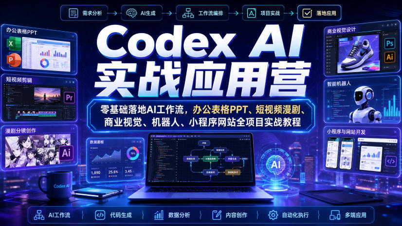 Codex AI实战应用营|零基础落地AI工作流,办公表格PPT、短视频漫剧、商业视觉、机器人、小程序网站全项目实战教程|无忧资源社