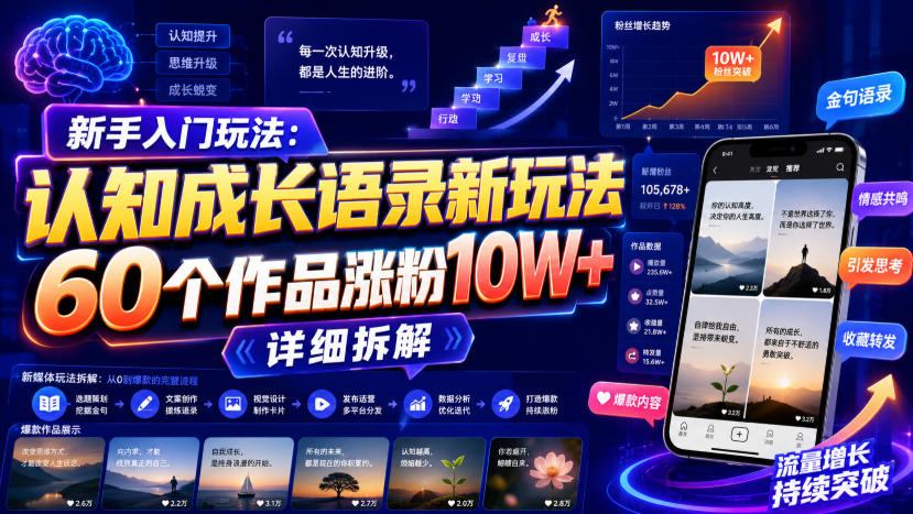 新手入门玩法：认知成长语录新玩法，60个作品涨粉10W+，详细拆解|无忧资源社
