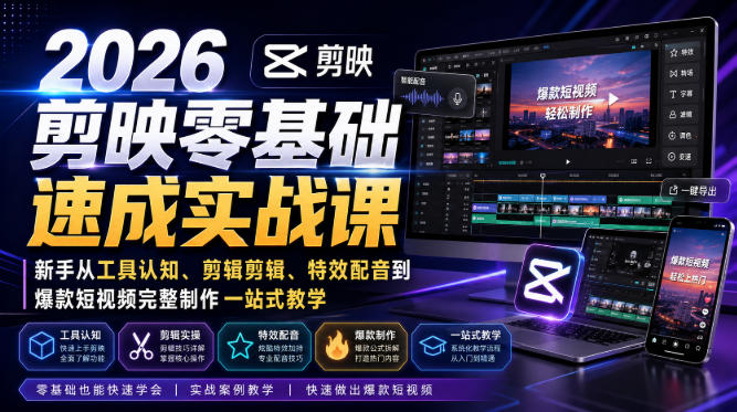 2026剪映零基础速成实战课|新手从工具认知、剪辑剪辑、特效配音到爆款短视频完整制作一站式教学|无忧资源社