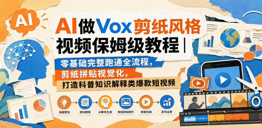 AI做Vox剪纸风格视频保姆级教程｜零基础完整跑通全流程，剪纸拼贴视觉化，打造科普知识解释类爆款短视频|无忧资源社