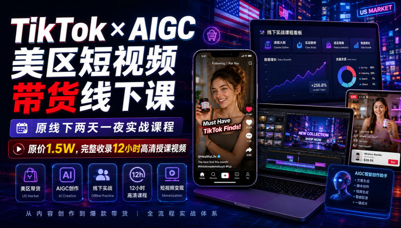 TikTok×AIGC美区短视频带货线下课,原线下两天一夜实战课程,原价1.5W,完整收录12小时高清授课视频|无忧资源社