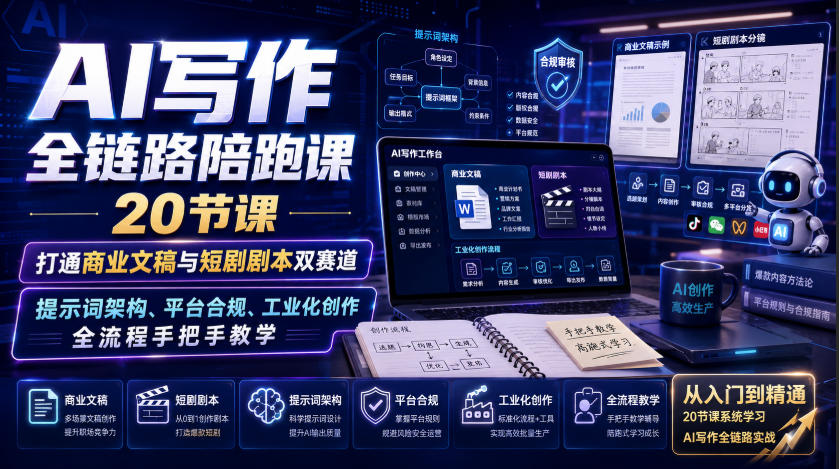 AI写作全链路陪跑课｜20节课打通商业文稿与短剧剧本双赛道，提示词架构、平台合规、工业化创作全流程手把手教学|无忧资源社
