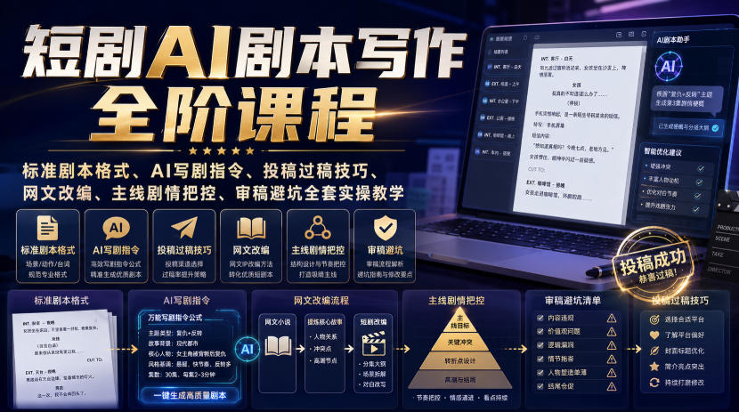 短剧AI剧本写作全阶课程｜标准剧本格式、AI写剧指令、投稿过稿技巧、网文改编、主线剧情把控、审稿避坑全套实操教学|无忧资源社