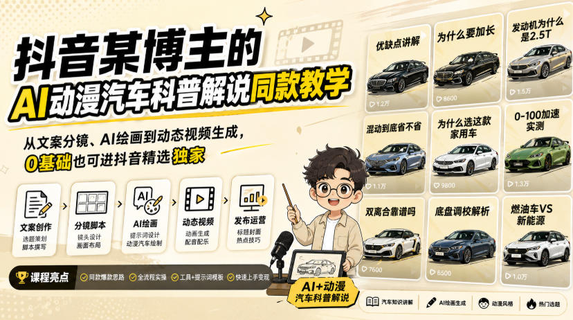 抖音某博主的AI动漫汽车科普解说同款教学，从文案分镜、AI绘画到动态视频生成，0基础解锁抖音精选独家收益|无忧资源社