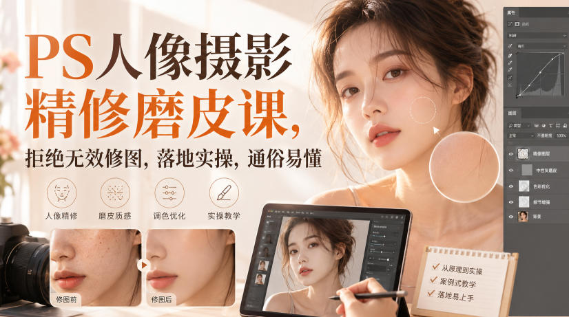 PS人像摄影精修磨皮课，拒绝无效修图，落地实操，通俗易懂|无忧资源社