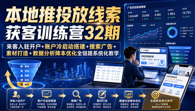 本地推投放线索获客训练营32期｜来客入驻开户+账户冷启动搭建+搜索广告+素材打造+数据分析降本优化全链路系统化教学（8月全新课程）|无忧资源社