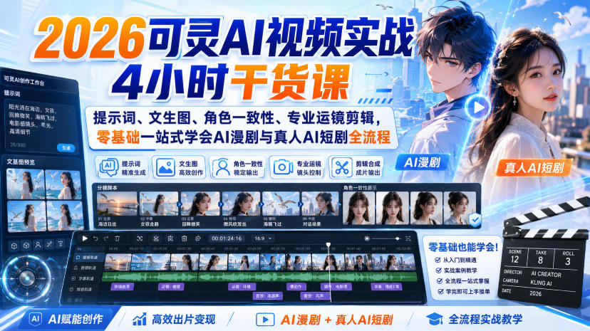 2026可灵AI视频实战4小时干货课｜提示词、文生图、角色一致性、专业运镜剪辑，零基础一站式学会AI漫剧与真人AI短剧全流程|无忧资源社