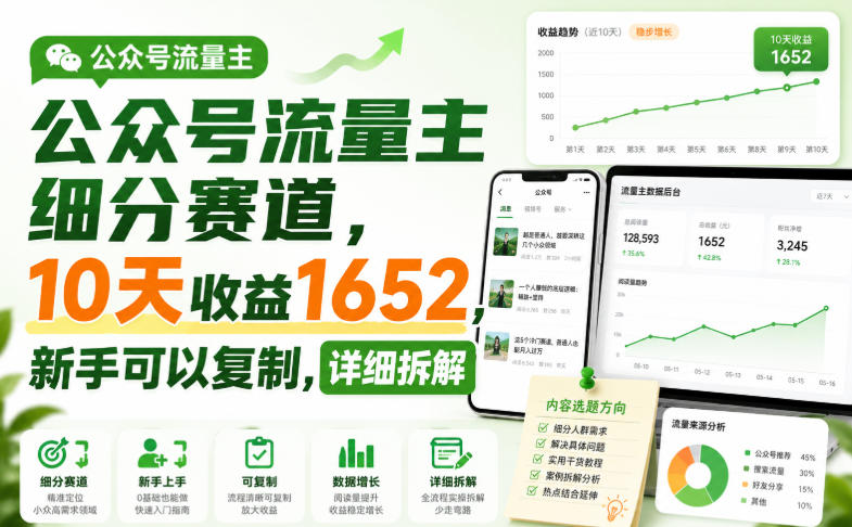 公众号流量主细分赛道,10天收益1652,新手可以复制,详细拆解|无忧资源社
