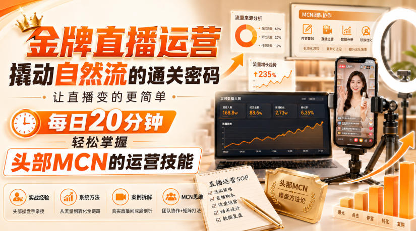 金牌直播运营撬动自然流的通关密码，让直播变的更简单，每日20分钟，轻松掌握头部MCN的运营技能|无忧资源社