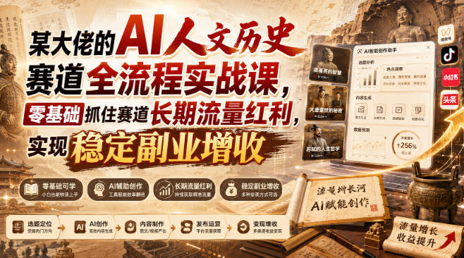 某大佬的AI人文历史赛道全流程实战课，零基础抓住赛道长期流量红利，实现稳定副业增收|无忧资源社