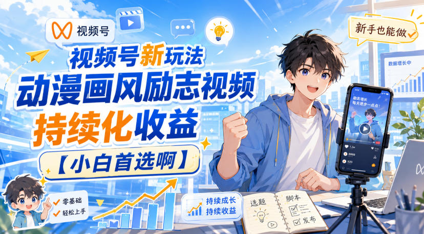 视频号新玩法动漫画风励志视频,持续化收益【小白首选啊】|无忧资源社