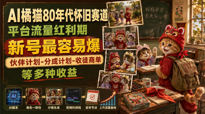 AI橘猫80年代怀旧赛道，平台流量红利期，新号最容易爆，伙伴计划-分成计划-收徒商单等多种收益|无忧资源社