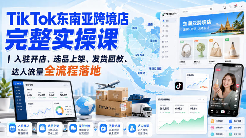 TikTok东南亚跨境店完整实操课｜入驻开店、选品上架、发货回款、达人流量全流程落地|无忧资源社