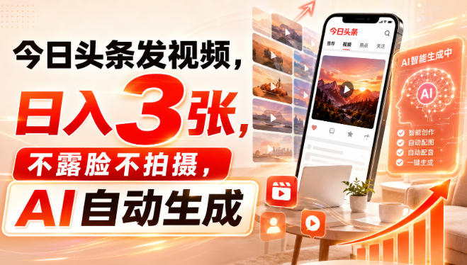 今日头条发视频,日入3张,不露脸不拍摄,AI自动生成|无忧资源社