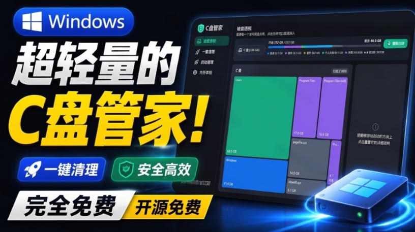 Windows超轻量的C盘管家!超级有特点,支持磁盘分析及清理提醒,2M大小体积,完全免费C盘管家|无忧资源社