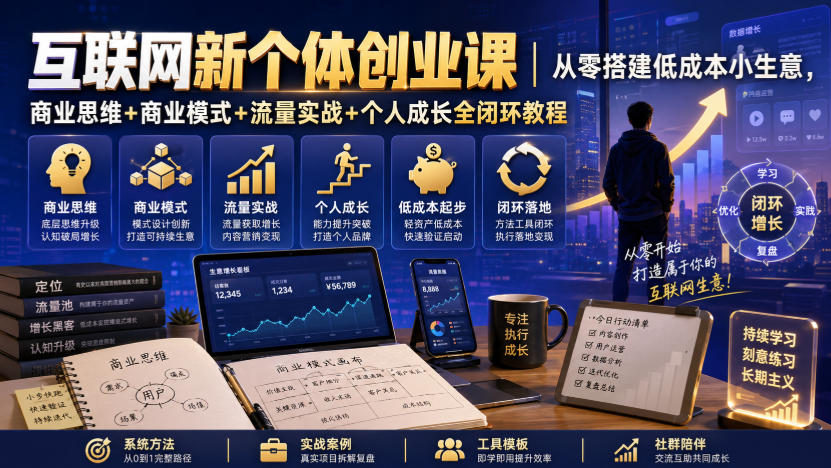 互联网新个体创业课｜从零搭建低成本小生意，商业思维+商业模式+流量实战+个人成长全闭环教程|无忧资源社
