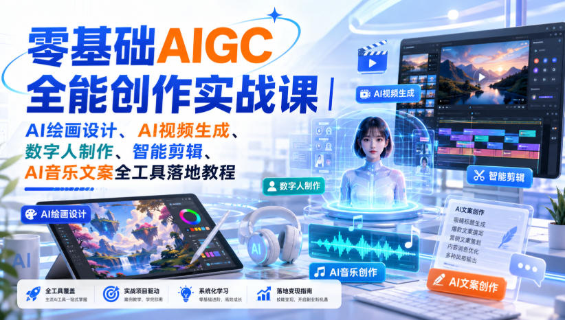 零基础AIGC全能创作实战课｜AI绘画设计、AI视频生成、数字人制作、智能剪辑、AI音乐文案全工具落地教程|无忧资源社