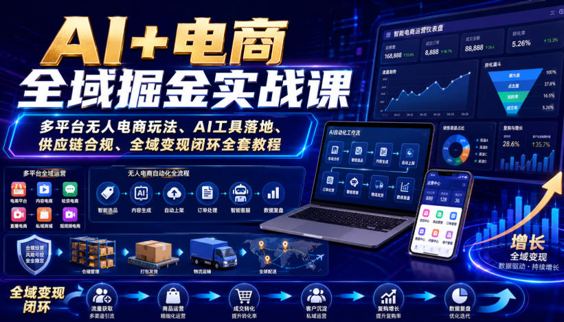 AI+电商全域掘金实战课｜多平台无人电商玩法、AI工具落地、供应链合规、全域变现闭环全套教程|无忧资源社
