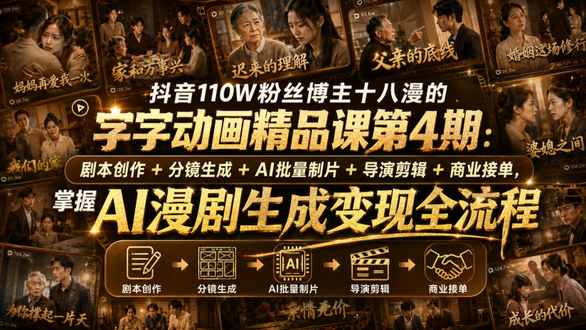 抖音110W粉丝博主十八漫的字字动画精品课第4期：剧本创作+分镜生成+剪辑+商业接单，掌握AI漫剧生成变现全流程|无忧资源社