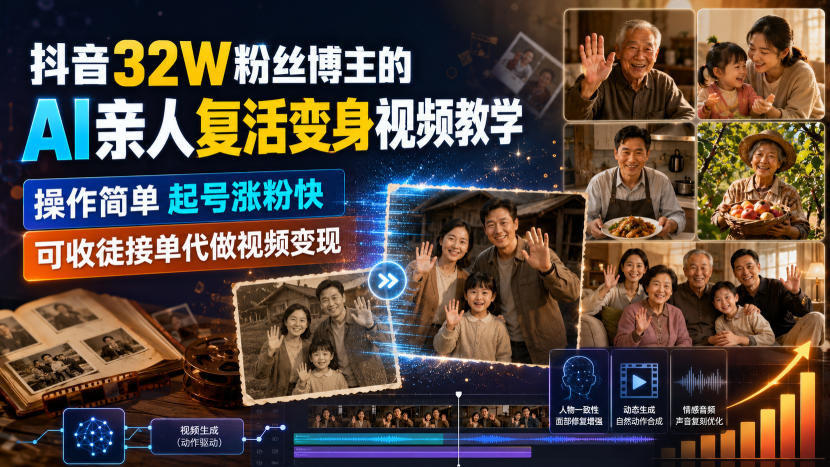抖音32W粉丝博主的AI亲人复活变身视频教学,操作简单,起号涨粉快,可收徒接单代做视频变现|无忧资源社