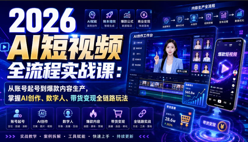 2026 AI短视频全流程实战课：从账号起号到爆款内容生产，掌握AI创作、数字人、带货变现全链路玩法|无忧资源社