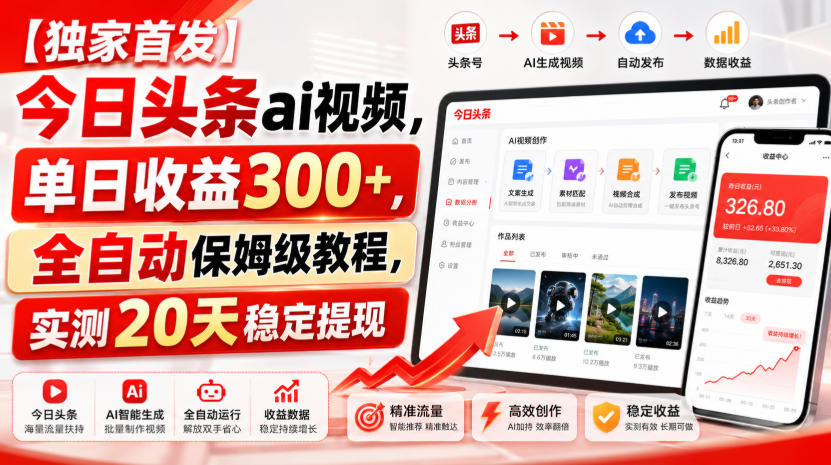 【独家首发】今日头条ai视频,单日收益300+,全自动保姆级教程,实测20天稳定提现【揭秘】|无忧资源社
