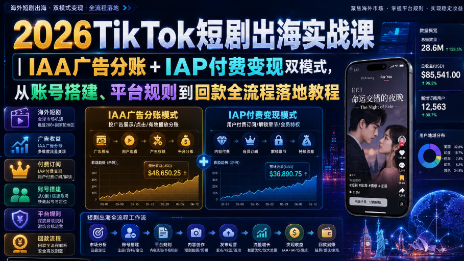 2026TikTok短剧出海实战课｜IAA广告分账+IAP付费变现双模式，从账号搭建、平台规则到回款全流程落地教程|无忧资源社