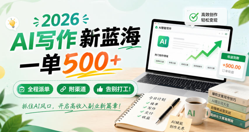 2026 AI写作新蓝海，一单500+，全程派单，附渠道，告别打工！【揭秘】|无忧资源社