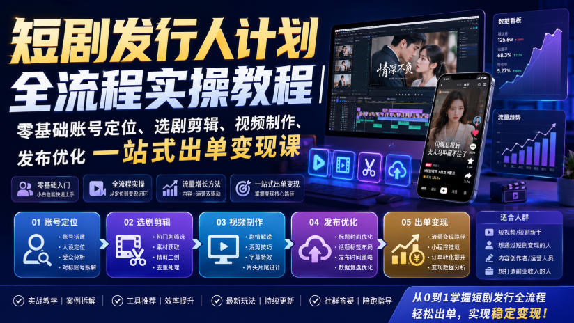 短剧发行人计划全流程实操教程｜零基础账号定位、选剧剪辑、视频制作、发布优化一站式出单变现课​|无忧资源社