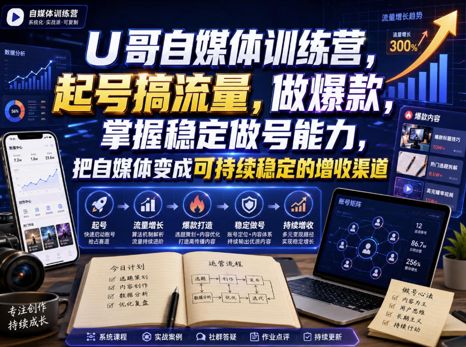 U哥自媒体训练营，起号搞流量，做爆款，掌握稳定做号能力，把自媒体变成可持续稳定的增收渠道|无忧资源社