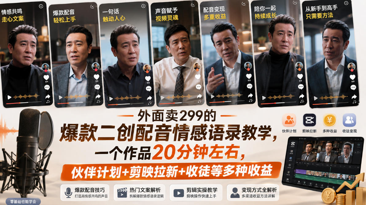 外面卖299的爆款二创配音情感语录教学，一个作品20分钟左右，伙伴计划+剪映拉新+收徒等多种收益|无忧资源社