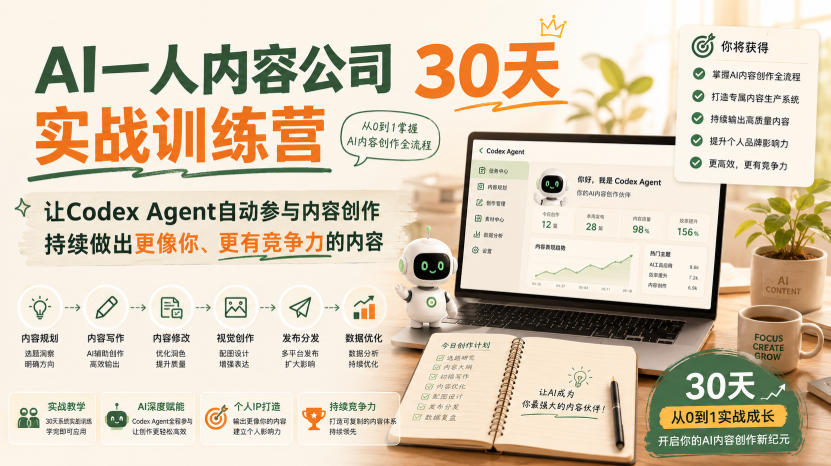 AI一人内容公司30天实战训练营,让Codex Agent自动参与内容创作持续做出更像你、更有竞争力的内容|无忧资源社