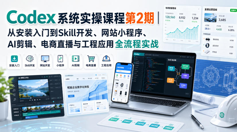 Codex系统实操课程第2期｜从安装入门到Skill开发、网站小程序、AI剪辑、电商直播与工程应用全流程实战|无忧资源社