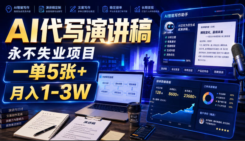 AI代写演讲稿，永不失业项目，一单5张+，月入1-3W【揭秘】|无忧资源社