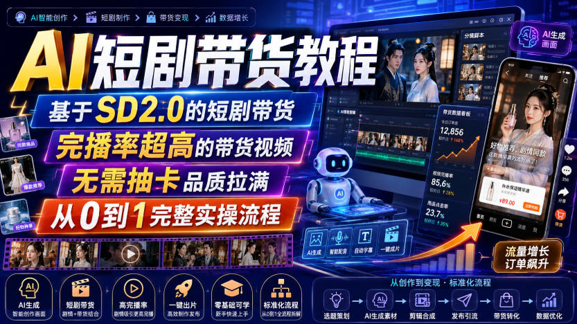 AI短剧带货教程，基于SD2.0的短剧带货，完播率超高的带货视频，无需抽卡品质拉满，从0到1完整实操流程|无忧资源社