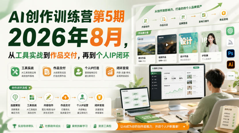 AI创作训练营第5期2026年8月，从工具实战到作品交付，再到个人IP闭环|无忧资源社