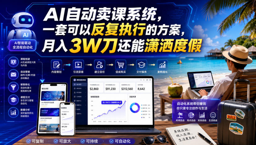 AI自动卖课系统，一套可以反复执行的方案，月入3W刀还能潇洒度假【原创双语字幕】|无忧资源社