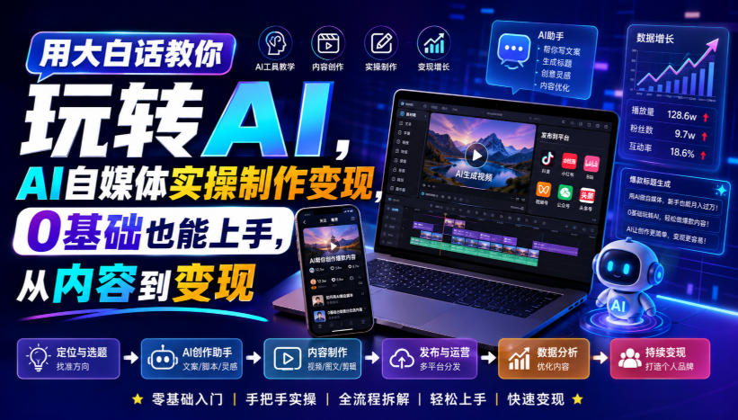 用大白话教你玩转AI，AI自媒体实操制作变现，0基础也能上手，从内容到变现|无忧资源社