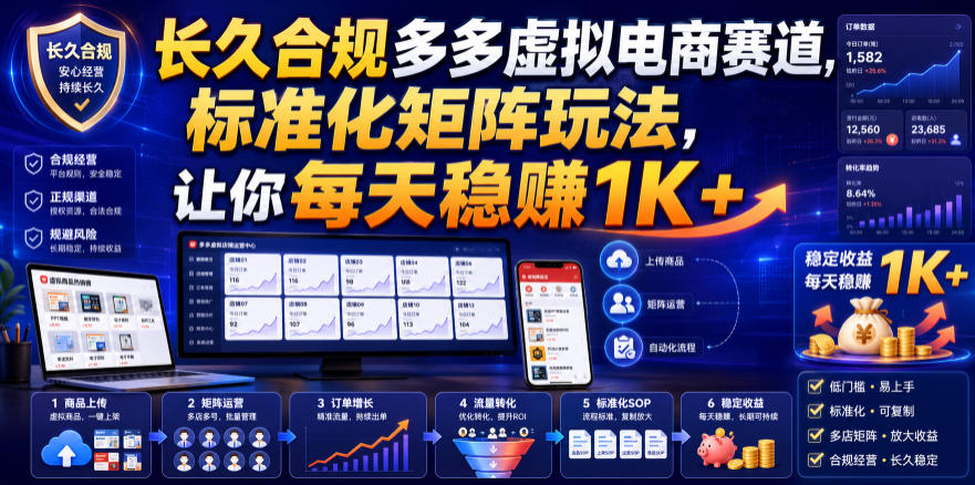 长久合规多多虚拟电商赛道，标准化矩阵玩法，让你每天稳賺1K+【揭秘】|无忧资源社