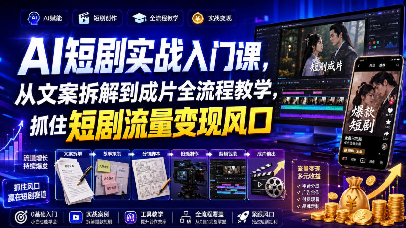 AI短剧实战入门课，从文案拆解到成片全流程教学，抓住短剧流量变现风口|无忧资源社