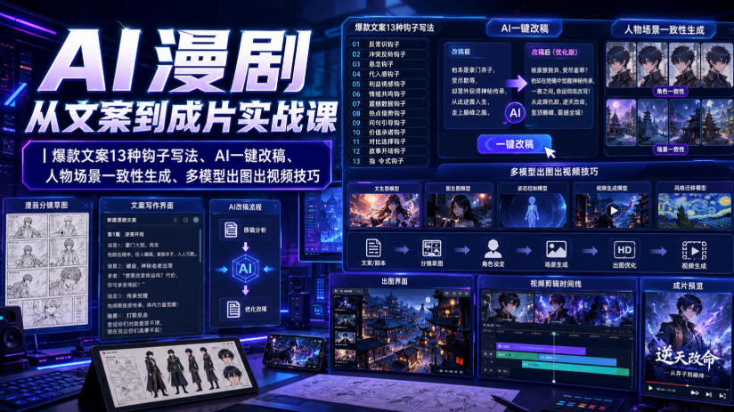 AI漫剧从文案到成片实战课｜爆款文案13种钩子写法、AI一键改稿、人物场景一致性生成、多模型出图出视频技巧|无忧资源社