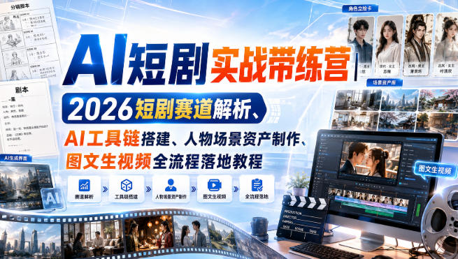 AI短剧实战带练营｜2026短剧赛道解析、AI工具链搭建、人物场景资产制作、图文生视频全流程落地教程|无忧资源社