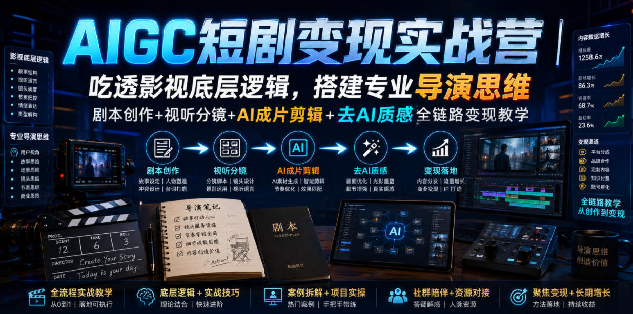 AIGC短剧变现实战营｜吃透影视底层逻辑，搭建专业导演思维，剧本创作+视听分镜+AI成片剪辑+去AI质感全链路变现教学|无忧资源社