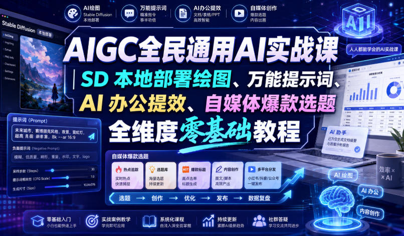 AIGC全民通用AI实战课｜SD本地部署绘图、万能提示词、AI办公提效、自媒体爆款选题全维度零基础教程|无忧资源社