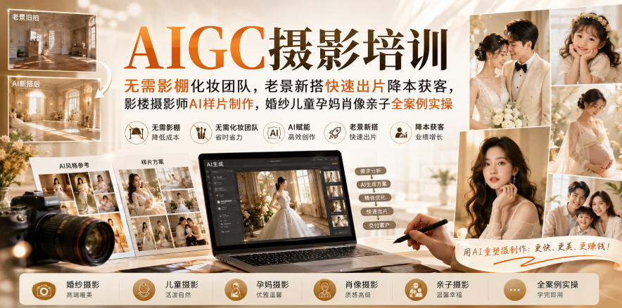 AIGC摄影培训｜无需影棚化妆团队，老景新搭快速出片降本获客，影楼摄影师AI样片制作，婚纱儿童孕妈肖像亲子全案例实操|无忧资源社