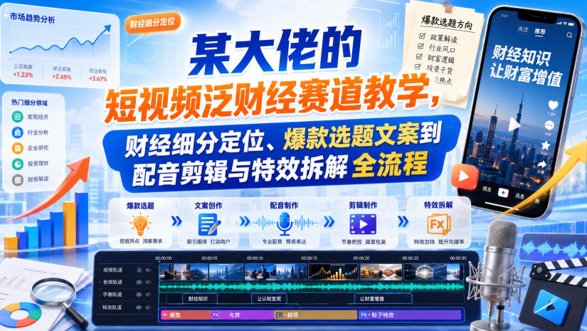 某大佬的短视频泛财经赛道教学，财经细分定位、爆款选题文案到配音剪辑与特效拆解全流程|无忧资源社