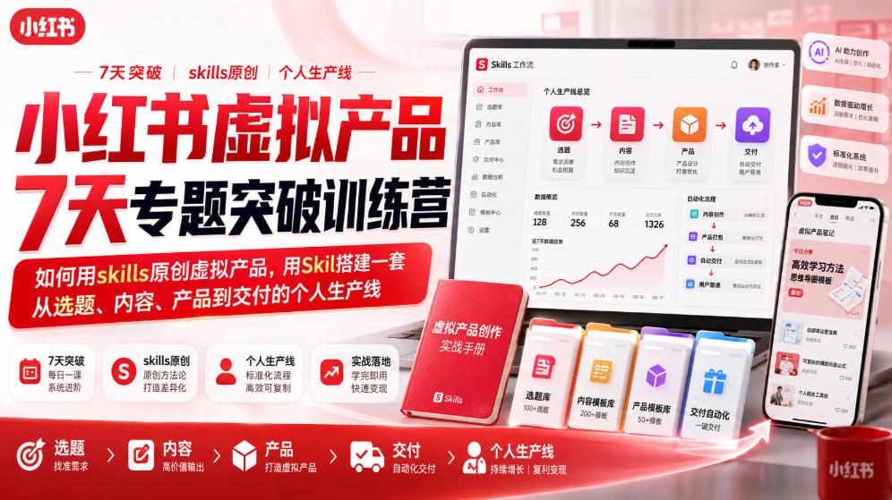 小红书虚拟产品7天专题突破训练营，如何用skills原创虚拟产品，用Skil搭建一套从选题、内容、产品到交付的个人生产线|无忧资源社