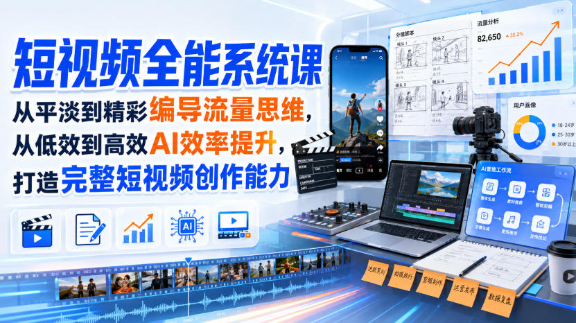 短视频全能系统课，从平淡到精彩编导流量思维，从低效到高效AI效率提升，打造完整短视频创作能力（2026年8月30更新233集）|无忧资源社